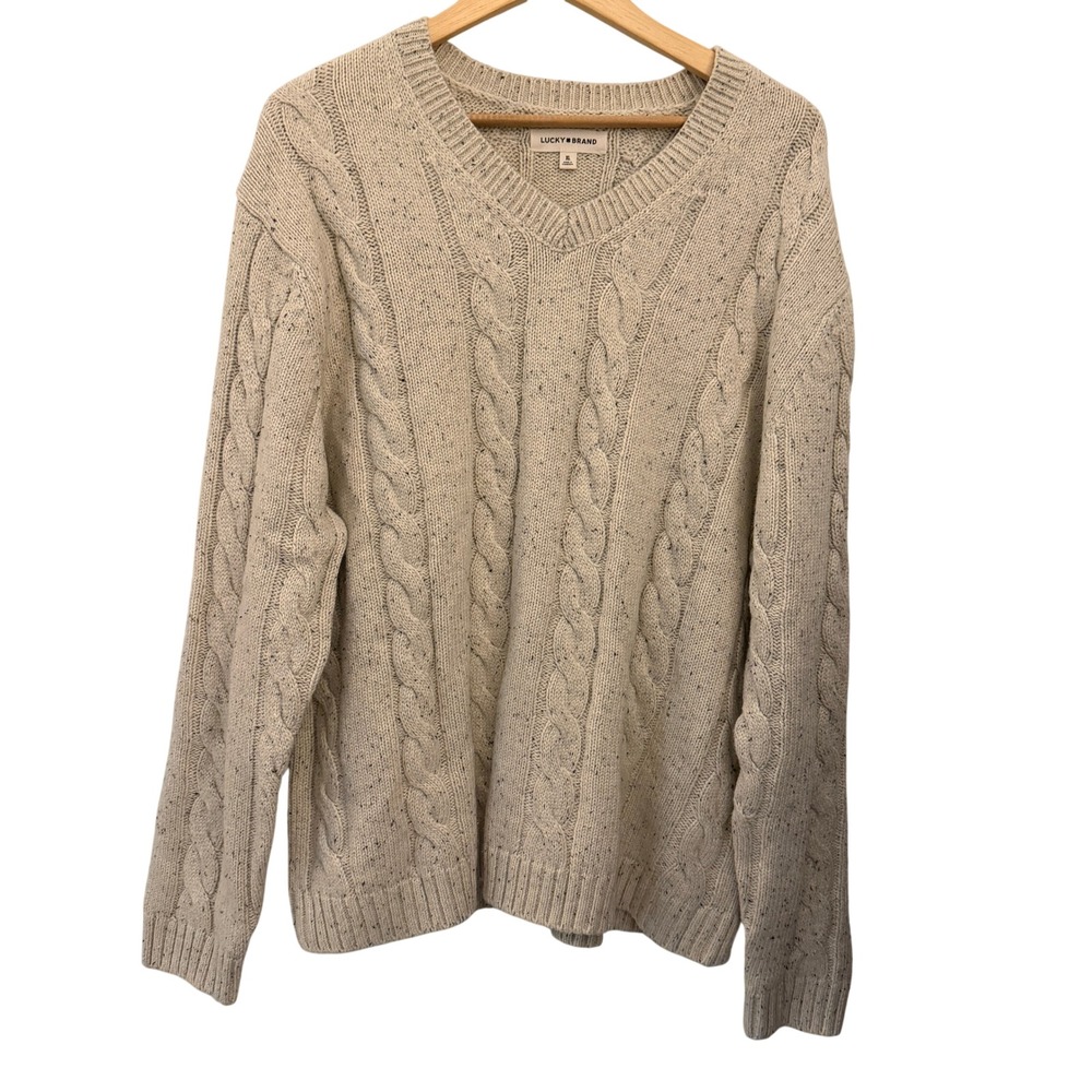 Lucky Brand‎ Cable Knit Sweater Mens XL Cream Speckled Excellent V-Neck Donegal